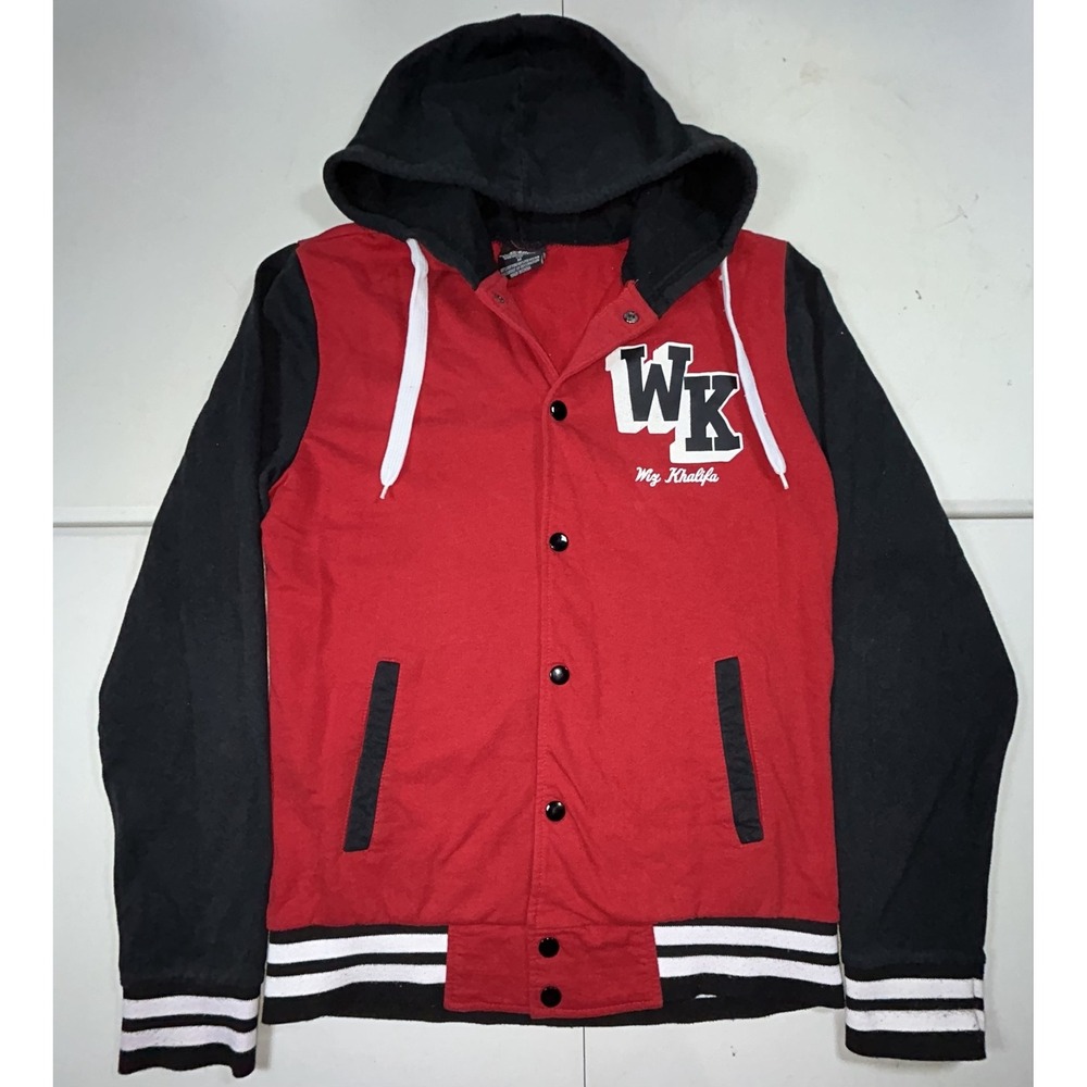 Wiz Khalifa Hooded Jacket Mens Medium Red Black Snap Varsity WK Work Hard